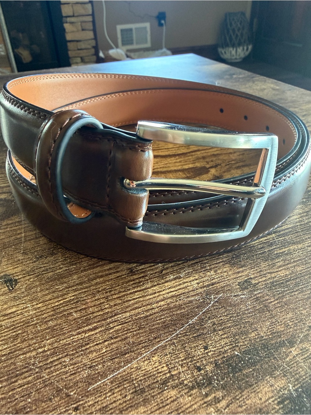 Source Unknown Brown Leather Belt with Silver Buckle